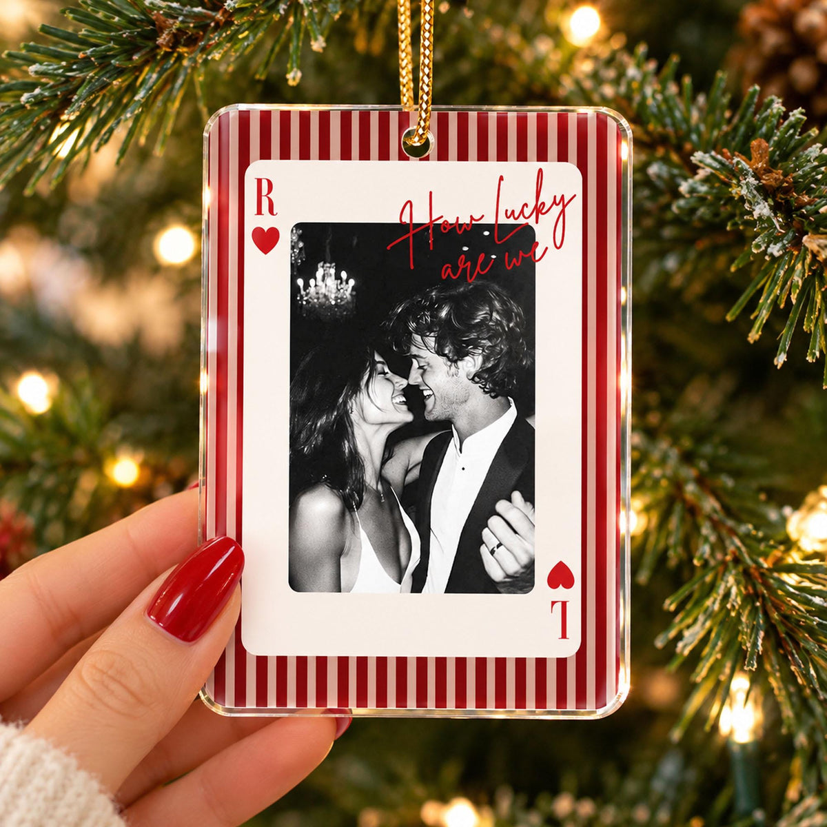 Personalized How Lucky Are We couple photo playing card ornament