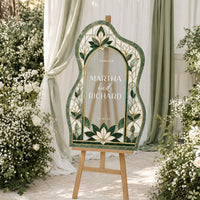 Emerald Green Floral Stained Glass Wedding Welcome Sign, Custom Couple Names, Text and Date, Personalized Reception Decor