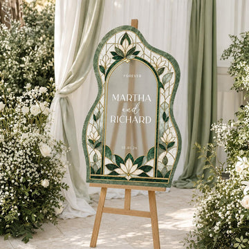 Emerald Green Floral Stained Glass Wedding Welcome Sign, Custom Couple Names, Text and Date, Personalized Reception Decor