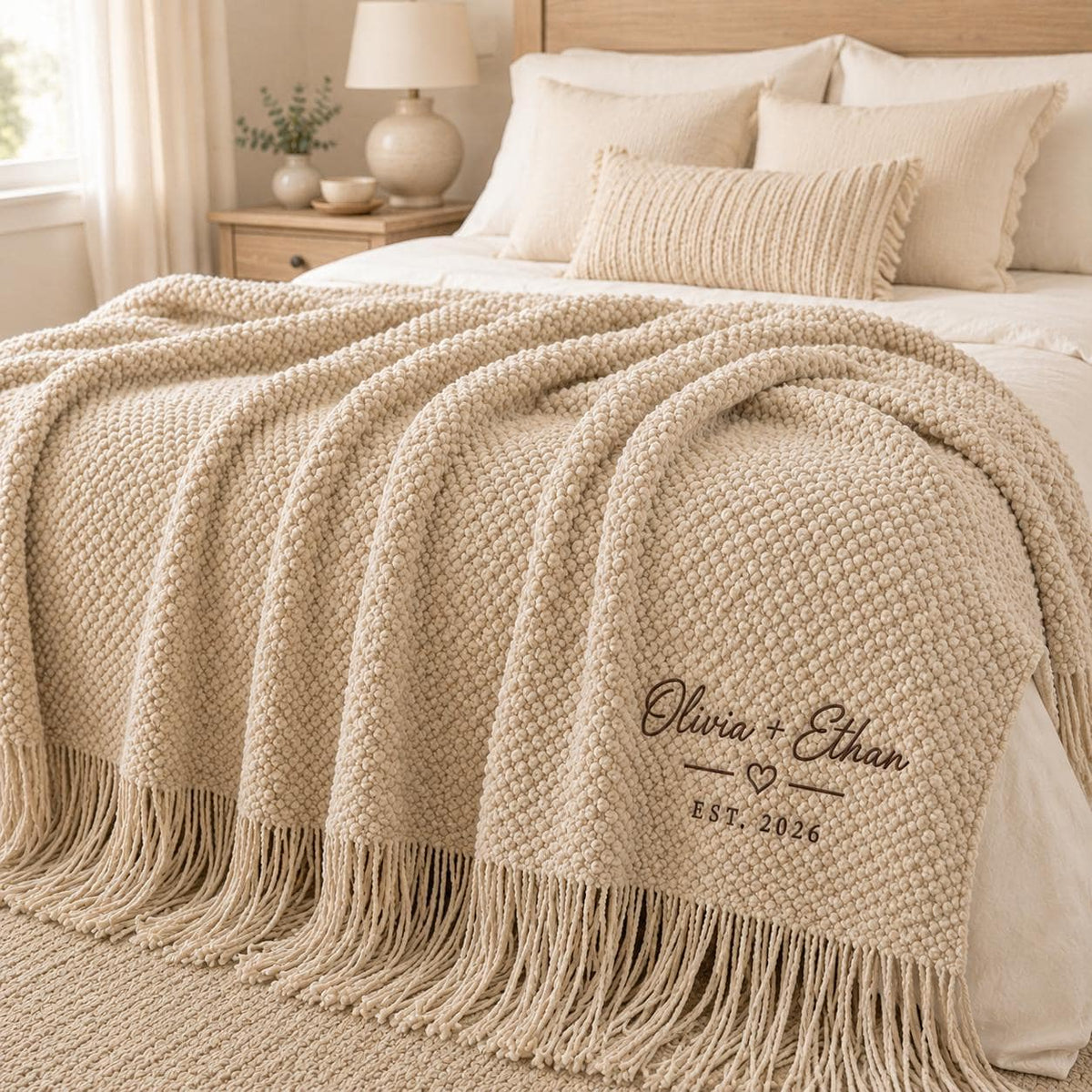 Personalized Embroidered Knit Wedding Blanket – Names & Date Throw