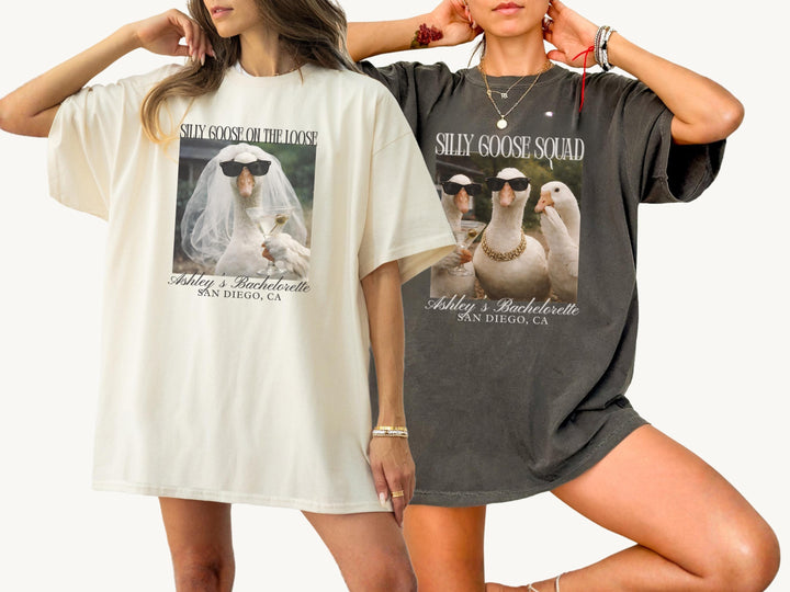 Silly Goose and Goose Squad Vintage Photo Bachelorette Comfort Colors Matching Shirts, Custom Location Funny Goose Bride and Bach Tee
