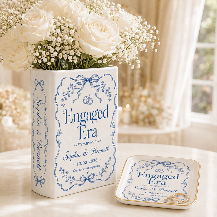Personalized Engagement Ceramic Book Vase, Custom Couple Names and Date, Engaged Gift for Bride to Be, Wedding Couple Gift