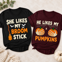 She Likes My Broomstick Shirt He Likes My Pumpkins Shirt Funny Halloween Couples Outfit Spooky Season Matching T-shirts Risqué Adult Humor