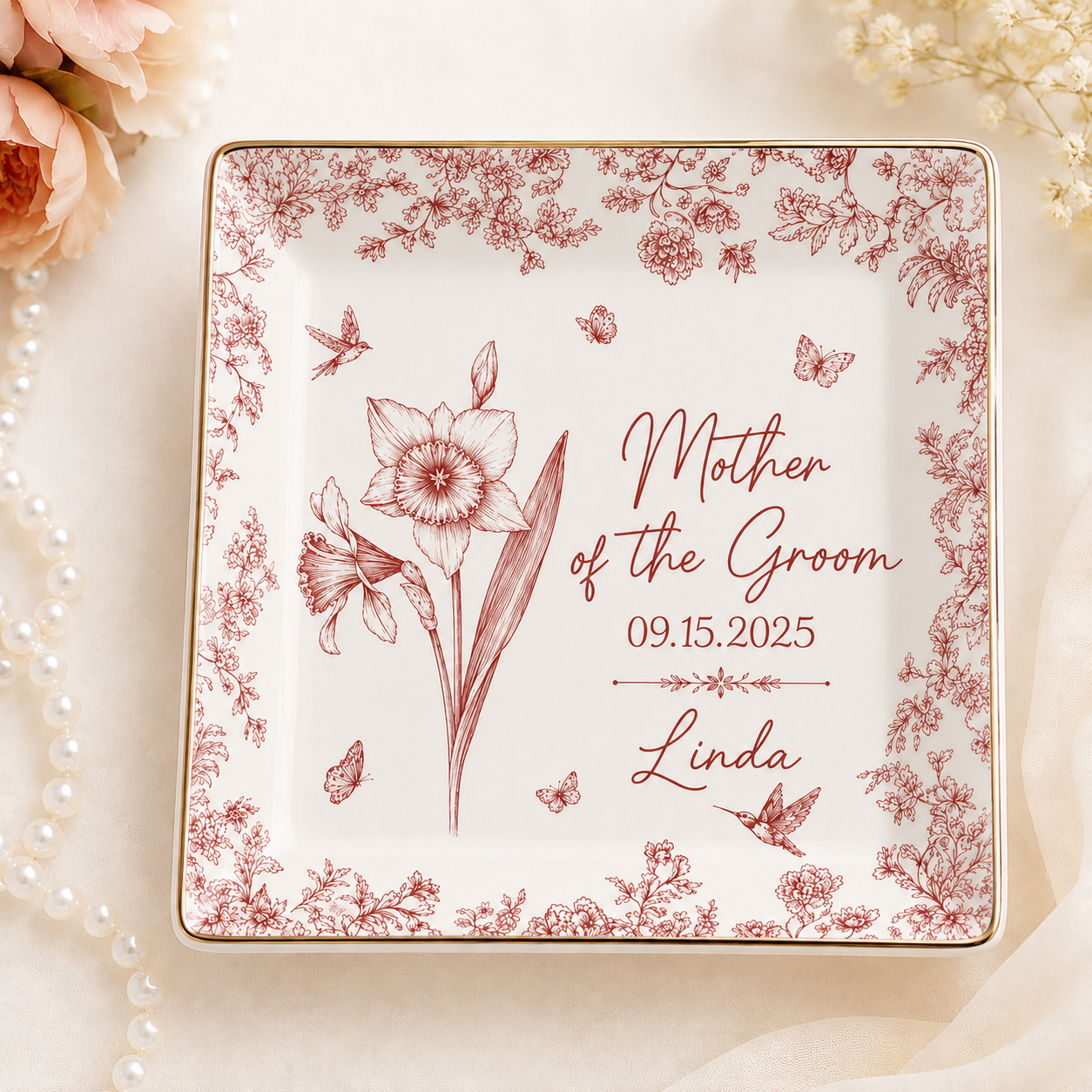 Personalized Wedding Jewelry Dish With Birth Flower, Date And Name - Custom Gift for Bride, Mom, Bridesmaid, Friend, Custom Vacation Gift, Honeymoon/Bachelorette Trip, Bridal Shower Gift