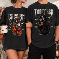 Personalized Creepin’ Together Couple Shirts, Custom Year Skeleton Halloween Tees, Matching Spooky Gift