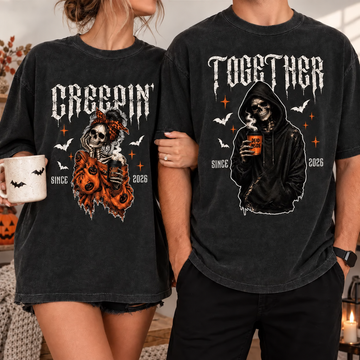 Personalized Creepin’ Together Couple Shirts, Custom Year Skeleton Halloween Tees, Matching Spooky Gift