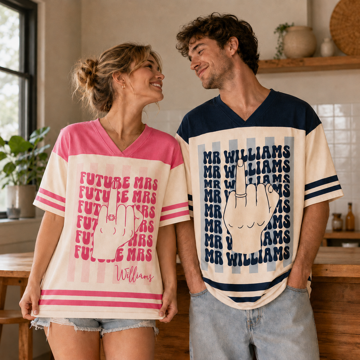 Personalized  Mr & Mrs Jersey Shirt With Name, Number - Gift for Couple, Newly Engaged, Bachelorette Trip, Bridal Shower Gift