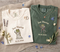 Personalized Just Married Frog Shirts, Matching Bride & Groom Tees, Newlywed Wedding Couple Gift
