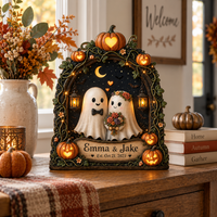 Custom Halloween Ghost Couple Wooden Block, Personalized Names Date Spooky Love Decor, Pumpkin Wedding Anniversary Gift