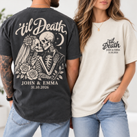 Personalized Til Death Couple Shirts, Custom Skeleton Wedding Tees, Names & Date Gothic Bride Groom Shirts