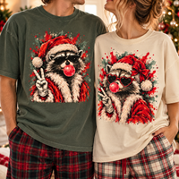 Raccoon Bubblegum Santa Comfort Colors Shirts – Retro Christmas Couple Gift