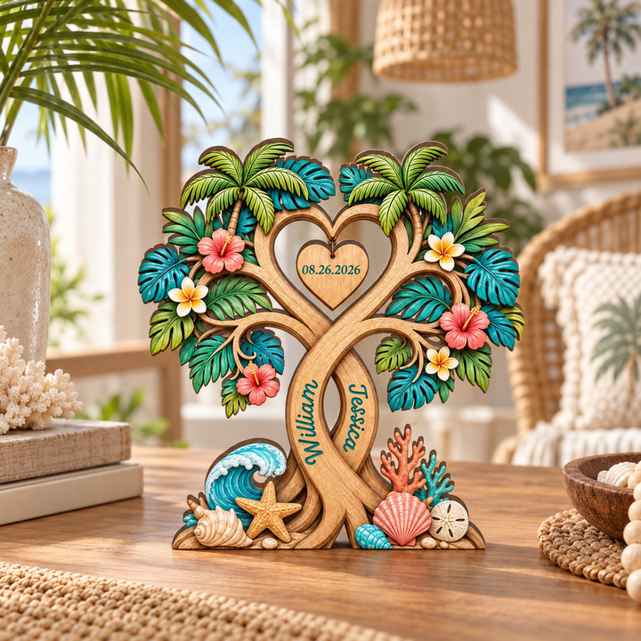 Personalized Tropical Heart Tree Wooden Block, Custom Couple Name Sign, Wedding Anniversary Gift, Beach Home Decor, Beach Wedding Gifts