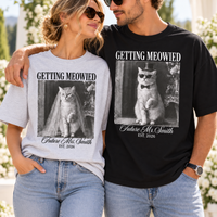 Personalized Getting Meowied Couple Shirts, Custom Future Mrs & Mr Last Name Tees, Cat Bride Groom Shirts, Engagement Gift