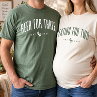 Personalized Eating For Two Beer for Three Pregnant Shirt, Matching Couple Announce Pregnant Tee, Funny Pregnancy Announcement Shirt, Baby Revealing Shirt Unisex