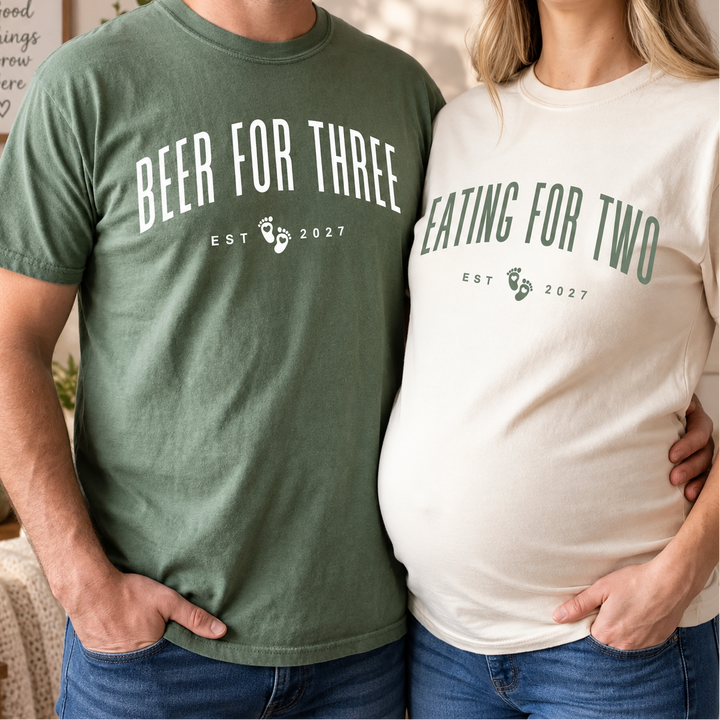 Personalized Eating For Two Beer for Three Pregnant Shirt, Matching Couple Announce Pregnant Tee, Funny Pregnancy Announcement Shirt, Baby Revealing Shirt Unisex