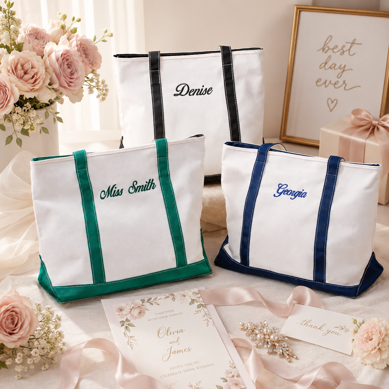 Personalized Embroidered Canvas Tote Bag for Bridesmaids, Custom Name Wedding Party Gift & Bachelorette Favor