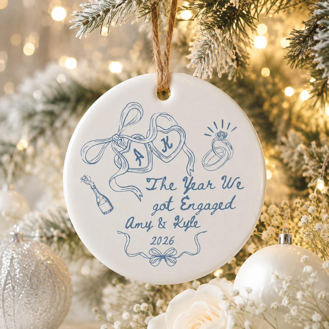 Personalized Engagement Ceramic Ornament, Custom Names & Year Keepsake for Couples, The Year We Got Engaged Gift for Bride-to-Be