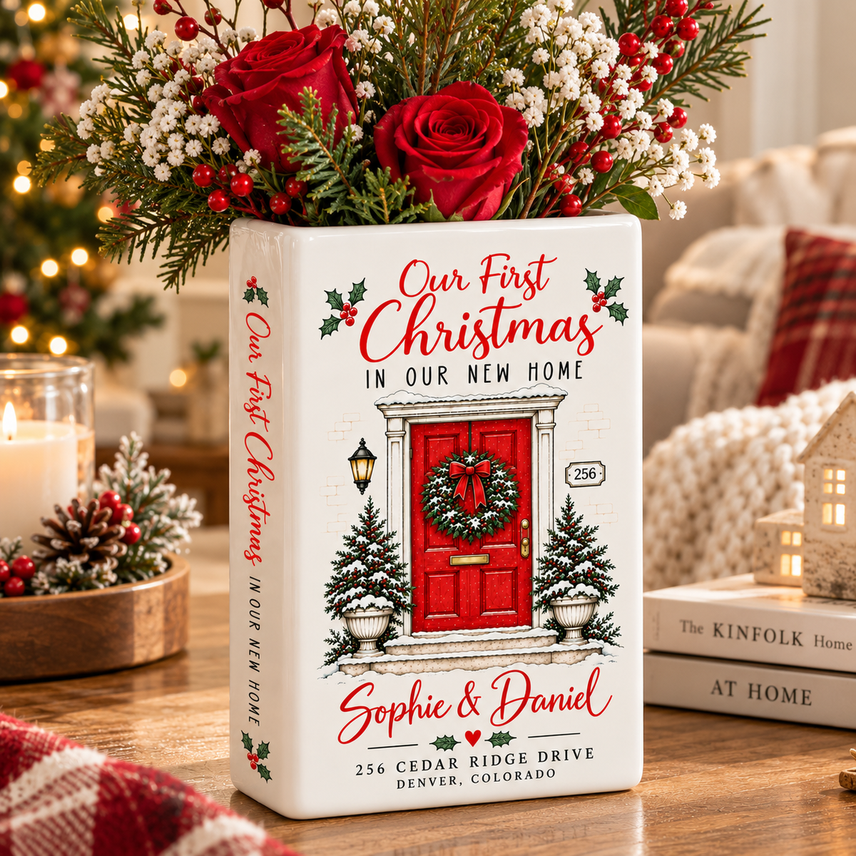 Our First Christmas in Our New Home ceramic book vase front and spine detail