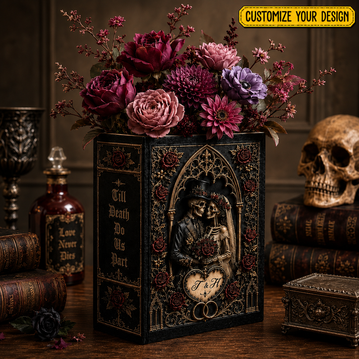 Persionalization Til Death Do Us Part Skeleton Couple Ceramic Book Vase, Skeleton Lovers, Gothic Wedding Decor