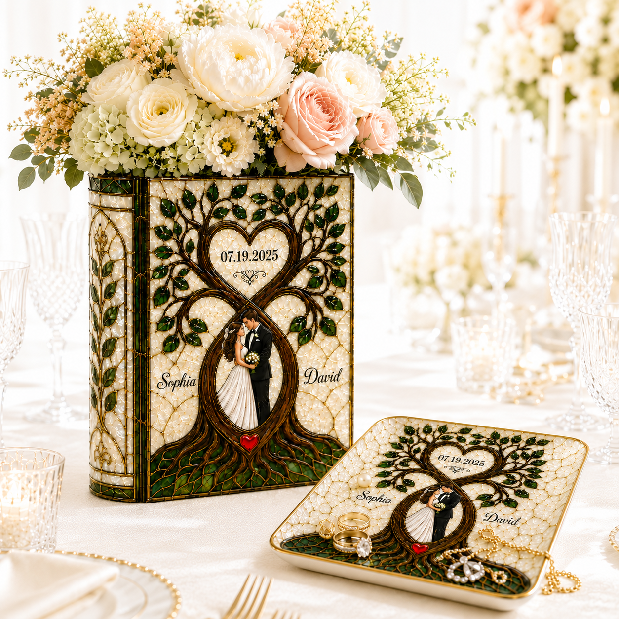 Personalized Stained Glass Wedding Book Vase, Custom Couple Heart Tree Vase, Bridal Shower Gift, Anniversary Keepsake, Gift for Bride