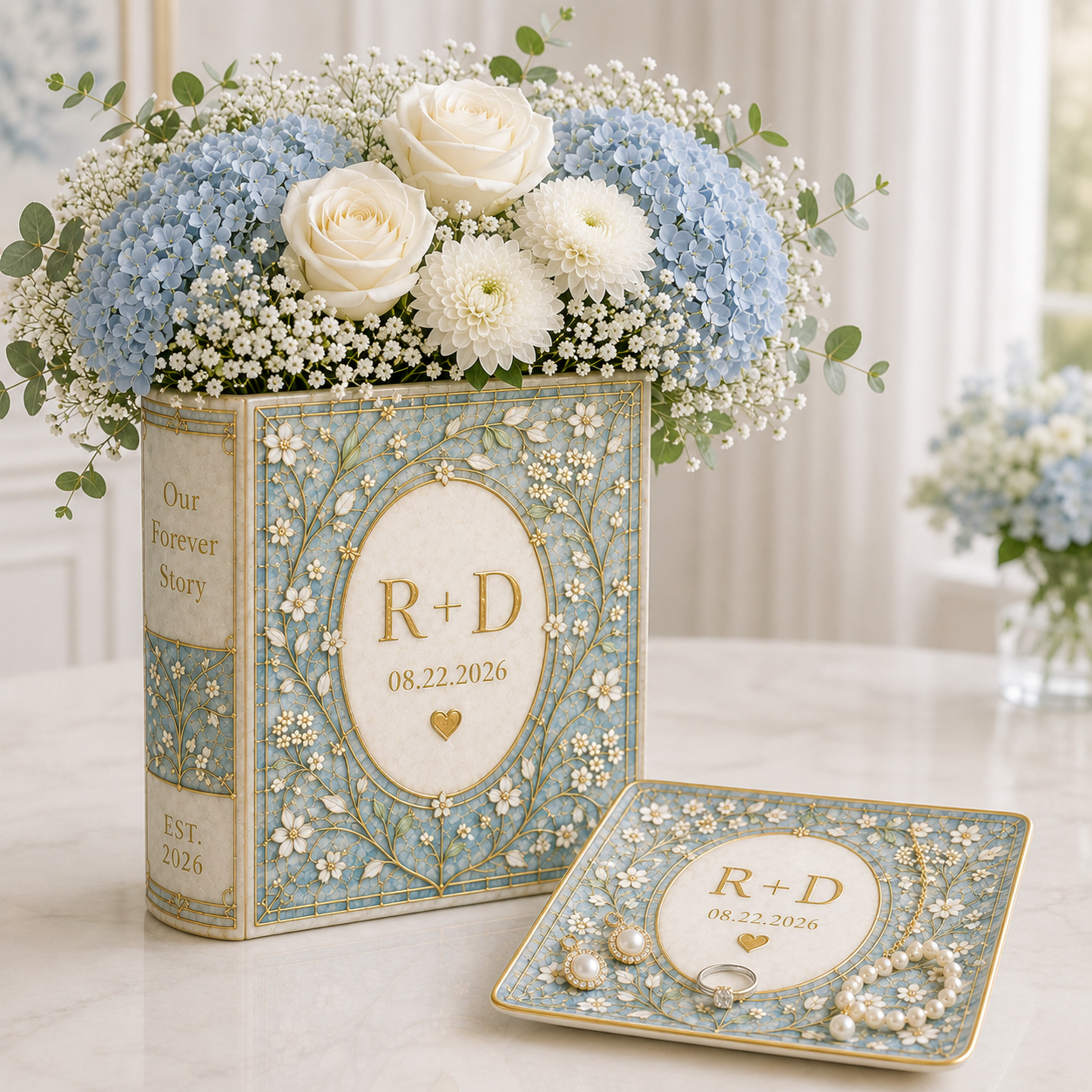 Custom Wedding Flower Vase, Personalized Ceramic Book Vase, Initials and Date Book Vase, Stained Glass Vase, Anniversary Newlywed Gift
