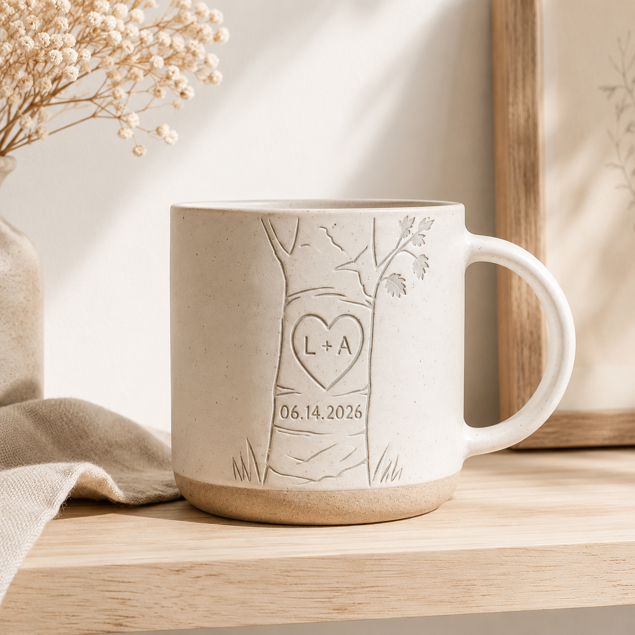 Personalized Engraved Couple Pottery Mug, Custom Carved Initials In A Heart Tree Mug, Wedding Gift, Engagement Gifts, Newlywed Gift