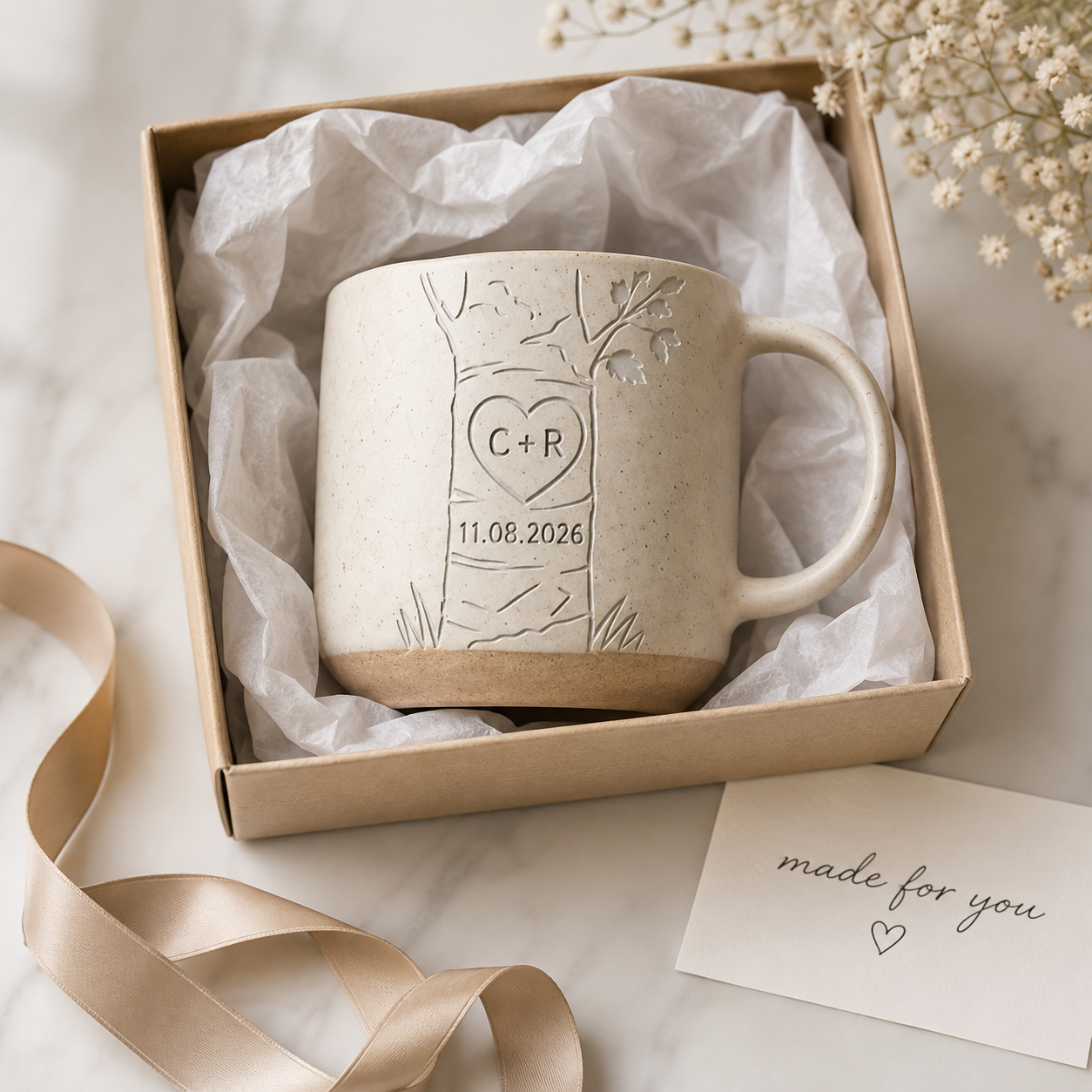Personalized Engraved Couple Pottery Mug, Custom Carved Initials In A Heart Tree Mug, Wedding Gift, Engagement Gifts, Newlywed Gift