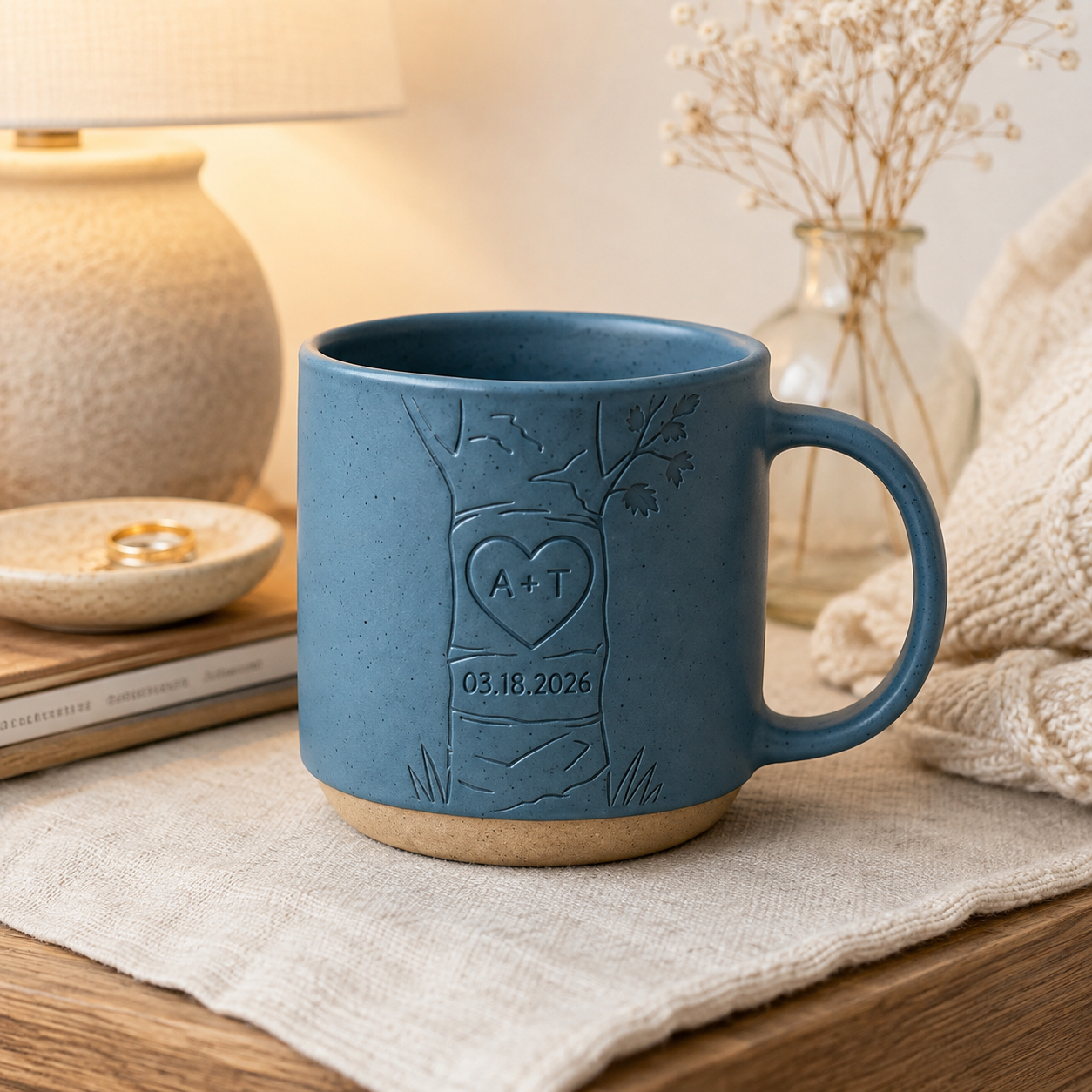 Personalized Engraved Couple Pottery Mug, Custom Carved Initials In A Heart Tree Mug, Wedding Gift, Engagement Gifts, Newlywed Gift
