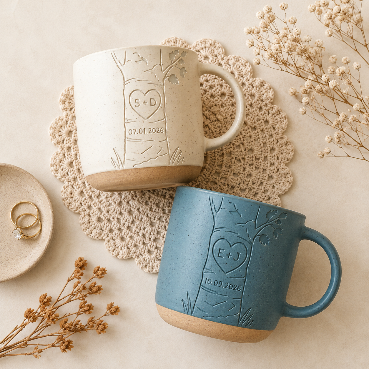 Personalized Engraved Couple Pottery Mug, Custom Carved Initials In A Heart Tree Mug, Wedding Gift, Engagement Gifts, Newlywed Gift