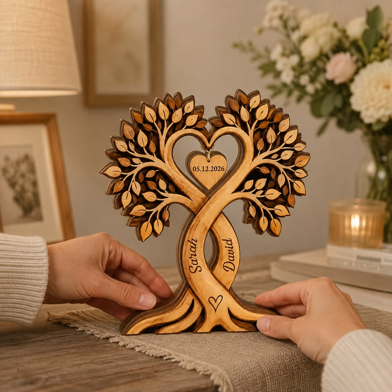 Custom Couple Heart Tree Wooden Block, Personalized Couple Name Sign, Anniversary Gifts, Rustic Wedding Gifts