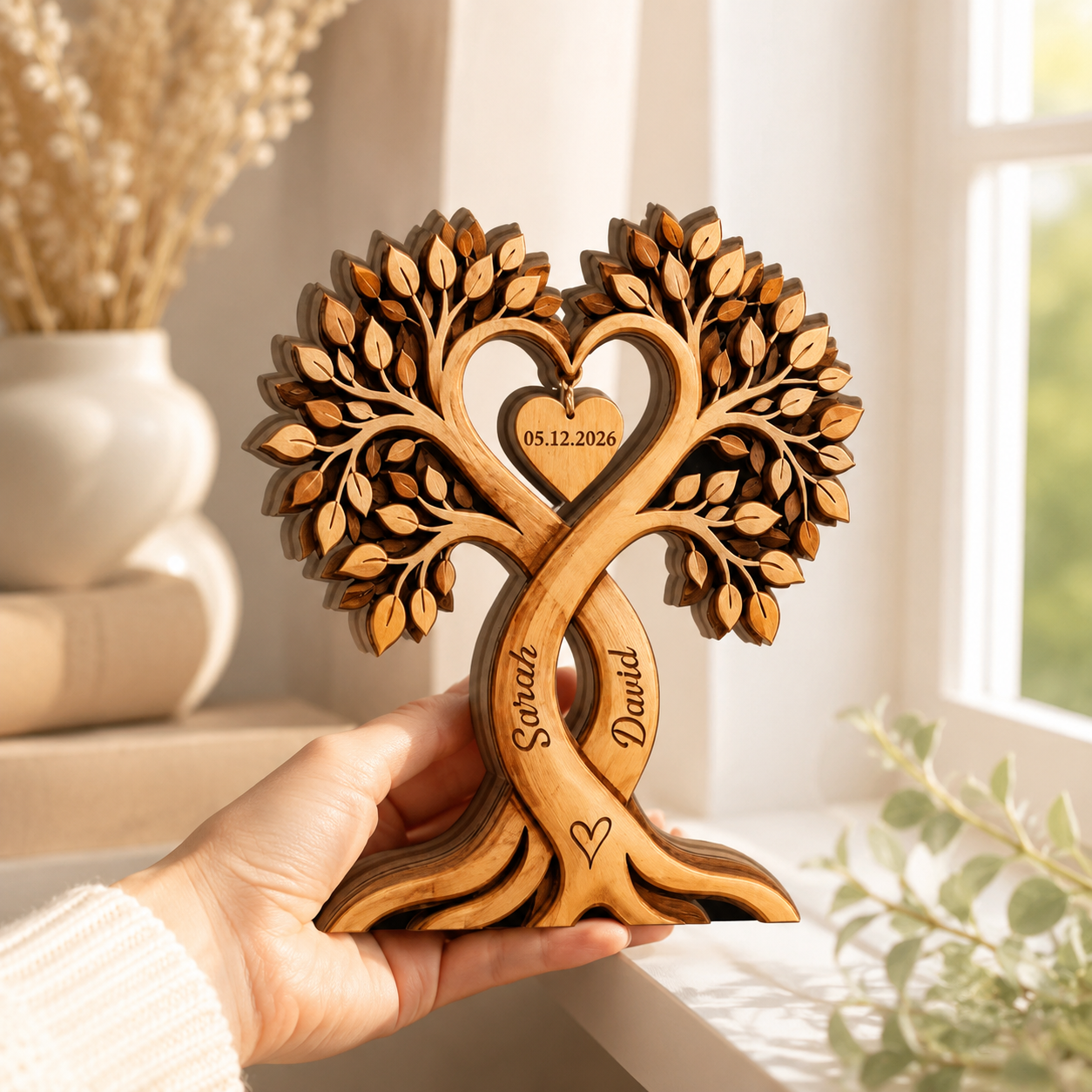 Custom Couple Heart Tree Wooden Block, Personalized Couple Name Sign, Anniversary Gifts, Rustic Wedding Gifts