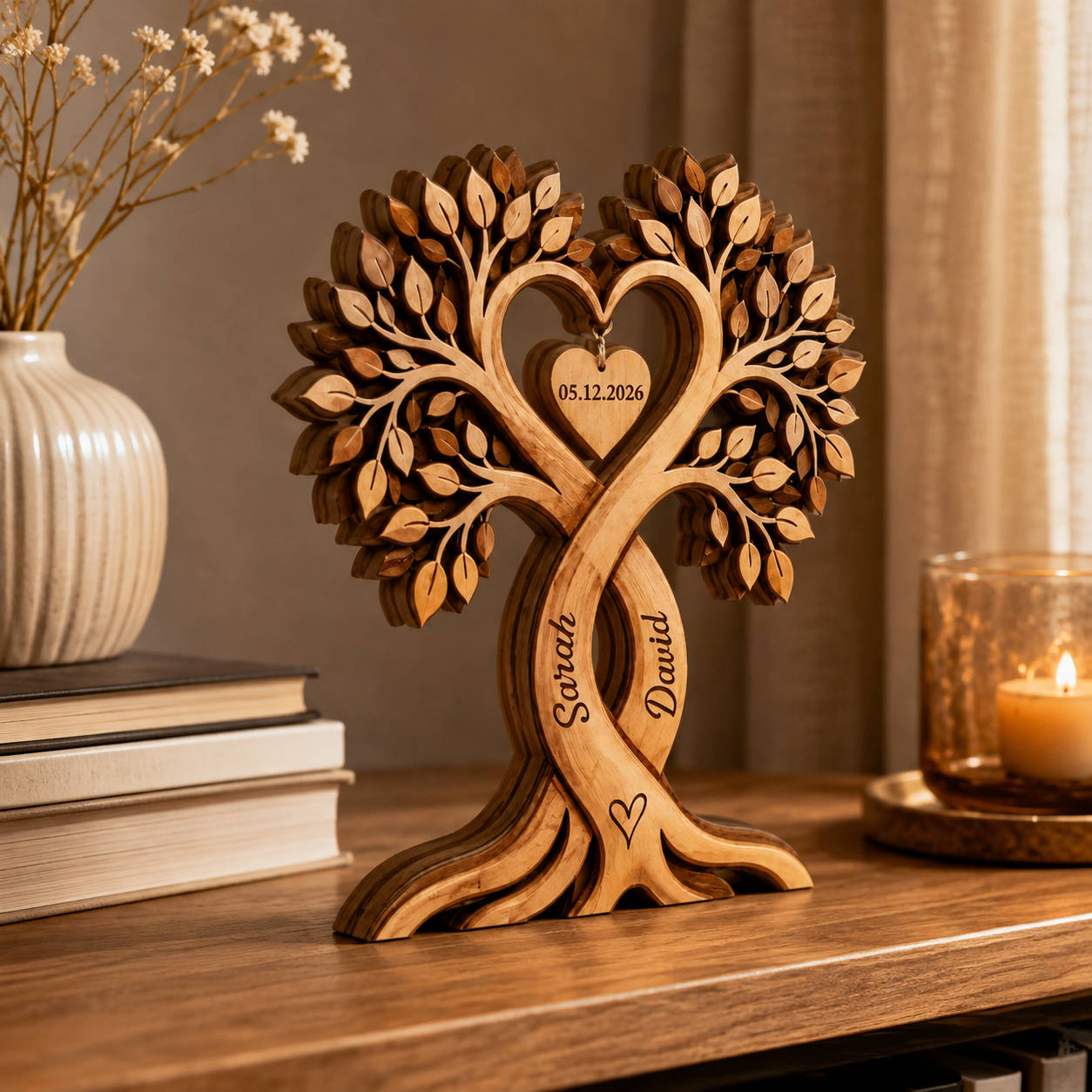 Custom Couple Heart Tree Wooden Block, Personalized Couple Name Sign, Anniversary Gifts, Rustic Wedding Gifts