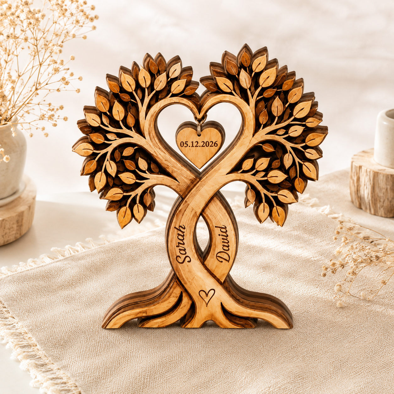 Custom Couple Heart Tree Wooden Block, Personalized Couple Name Sign, Anniversary Gifts, Rustic Wedding Gifts