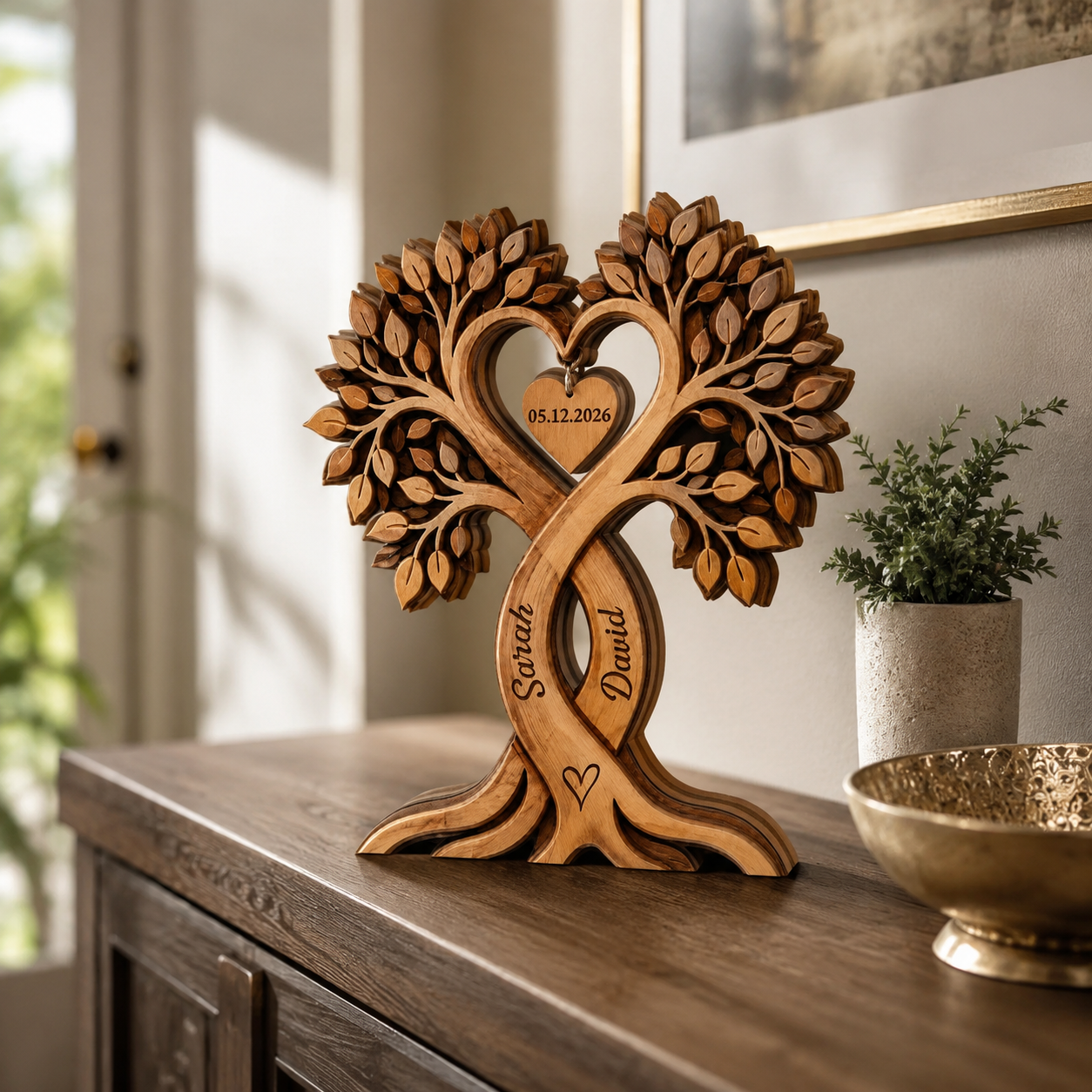 Custom Couple Heart Tree Wooden Block, Personalized Couple Name Sign, Anniversary Gifts, Rustic Wedding Gifts