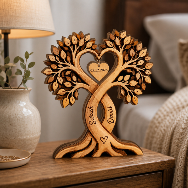 Custom Couple Heart Tree Wooden Block, Personalized Couple Name Sign, Anniversary Gifts, Rustic Wedding Gifts