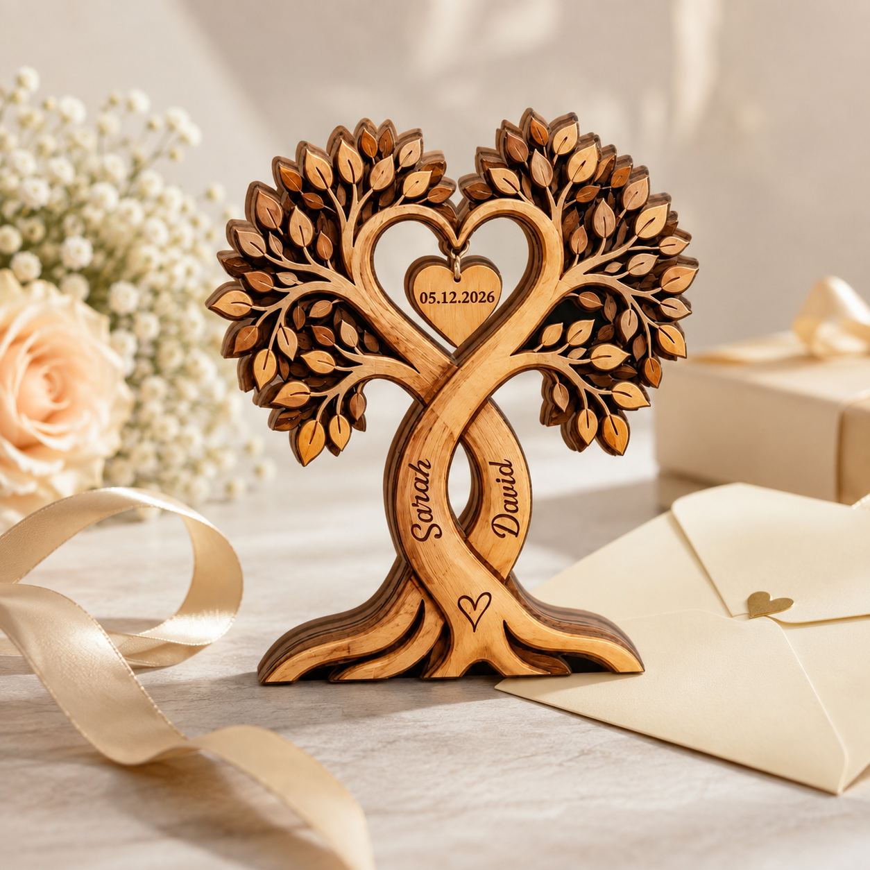 Custom Couple Heart Tree Wooden Block, Personalized Couple Name Sign, Anniversary Gifts, Rustic Wedding Gifts