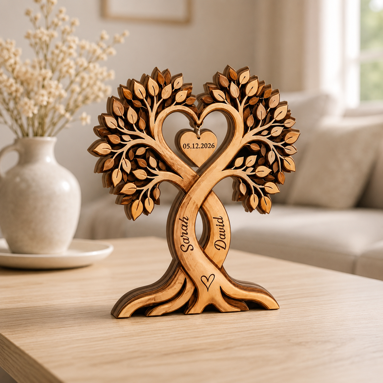 Custom Couple Heart Tree Wooden Block, Personalized Couple Name Sign, Anniversary Gifts, Rustic Wedding Gifts