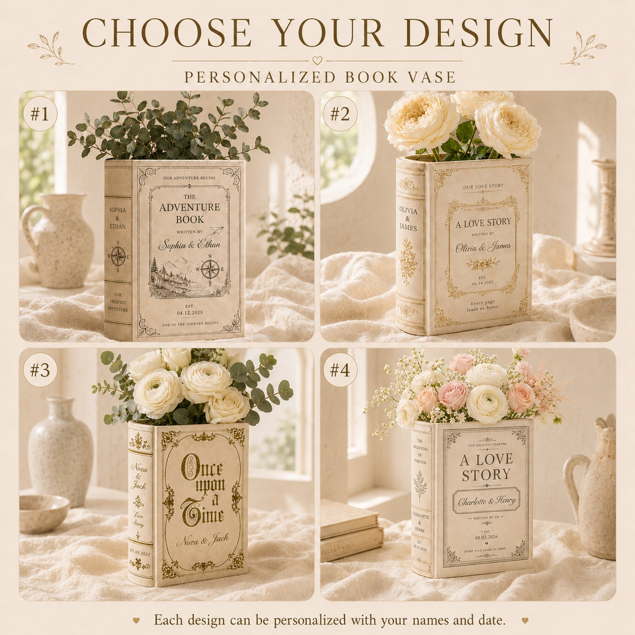 Personalized Love Story Book Vase, Custom Wedding Gift for Couple, Bridal Shower Gift