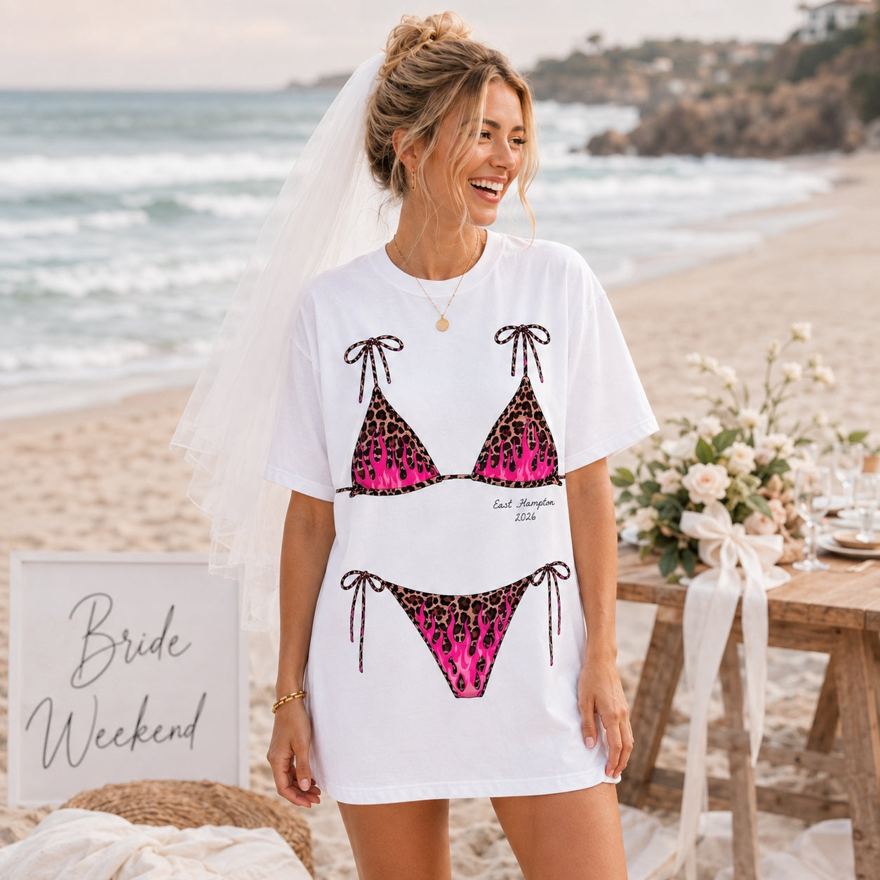 Custom Bachelorette Party Bikini Shirt, Brides Bridesmaids Leopard Flame Bikini Blend Tee