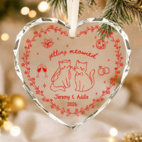 Custom Cat Couple Wedding Glass Ornament: Getting Meowied Heart Ornament, Cat Lover Married Keepsake, Funny Newlywed Gift, Engaged Gift