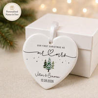 Personalized First Christmas Mr & Mrs Ornament, Custom Names & Year, Ceramic Heart Keepsake, Wedding, Anniversary & Housewarming Gift