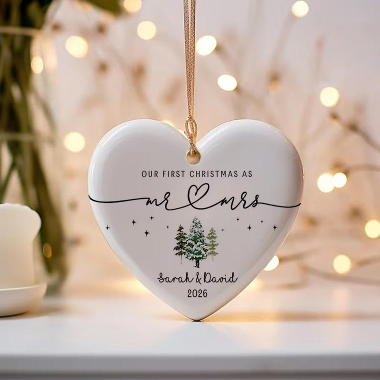 Personalized Ceramic Heart First Christmas Mr & Mrs Ornament – Names & Year