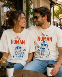 Matching Cat Couple Comfort T-Shirts, His Human Her Human Shirts, Gift for Cat Loving Couples, Wedding Gift, Newlywed Gift, Anniversary Gift