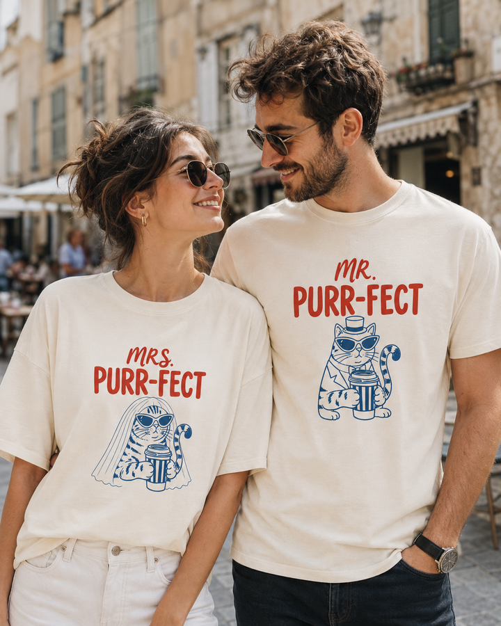 Matching Mr. & Mrs. Purr-fect Cat Shirts, Comfort T-Shirts for Bride & Groom Couples, Wedding Gift for Cat Lovers, Newlywed Gift, Anniversary Gift