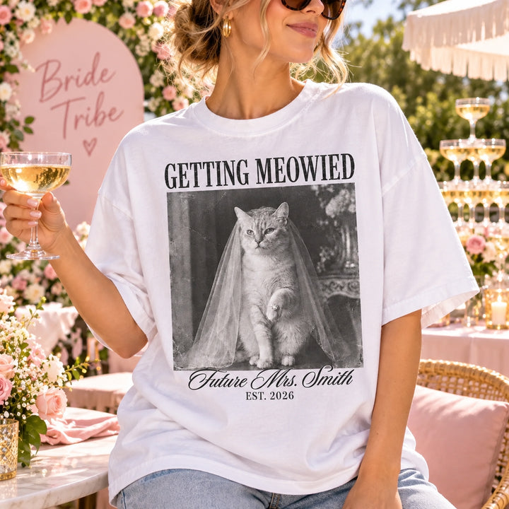Personalized Getting Meowied Shirt, Custom Future Mrs Last Name & Year, Comfort Colors Cat Mom Bride Tee, Engagement & Bachelorette Gift