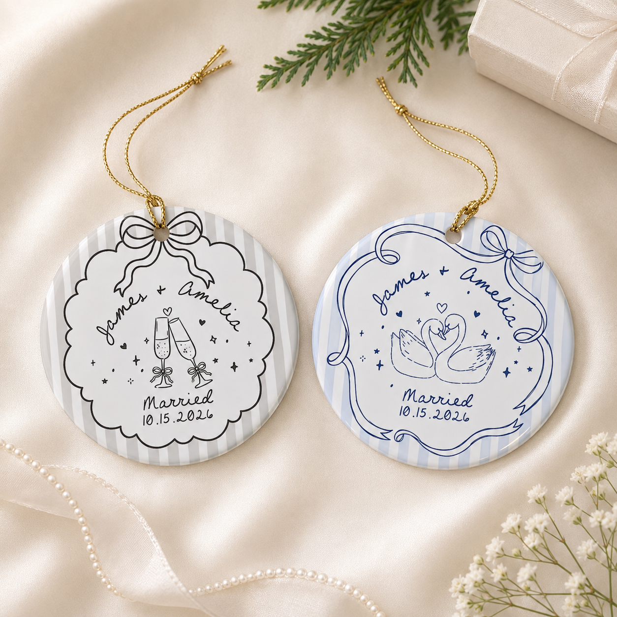 Personalized Ceramic Ornament for Engaged Couples, Custom Names & Date Engagement Keepsake, Wedding Gift for Bride & Groom