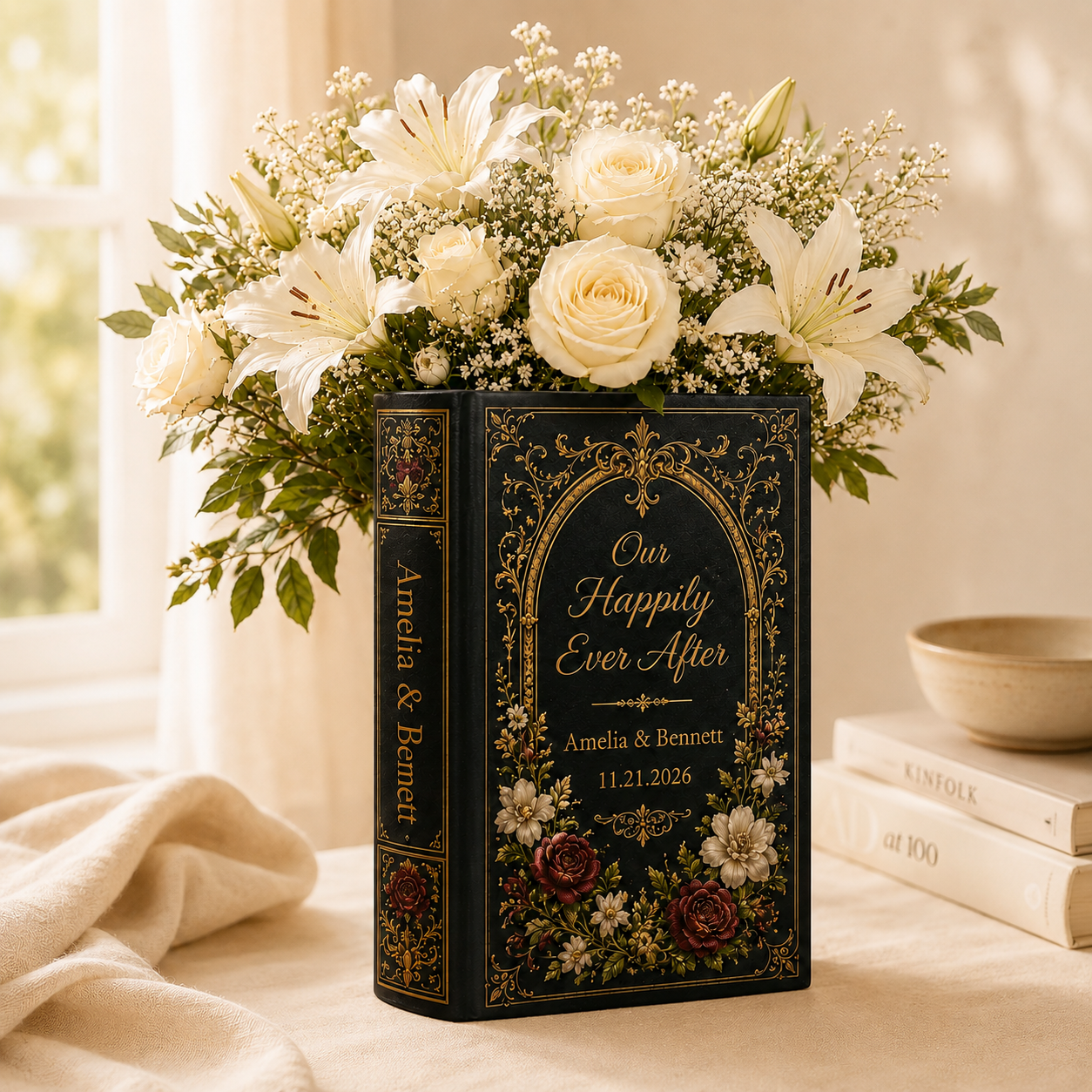 Custom Wedding Book Vase, Personalized Couple Name Flower Vase, Gothic Floral Ceramic Book Vase