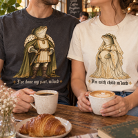 Medieval frog pregnancy announcement couple shirt mockup 3