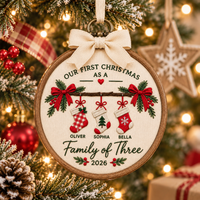 Personalized Embroidered Family of Three Christmas Ornament, Custom New Family Ornament, Baby's First Christmas Gift, Family Bauble Keepsake