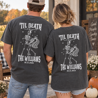 Personalized Til Death And Beyond Skeleton Couple Shirts, Custom Last Name Wedding Date Tees, Mr & Mrs Halloween Wedding Shirts, Newlywed Gift